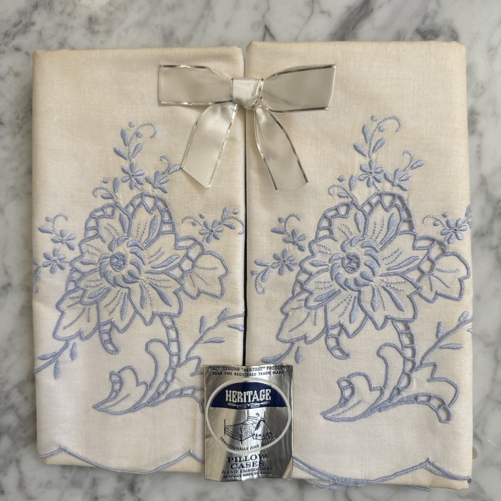 Heritage Pillow Cases Embroidered Floral Design ~ Set of 2 / Vintage Heritage .
